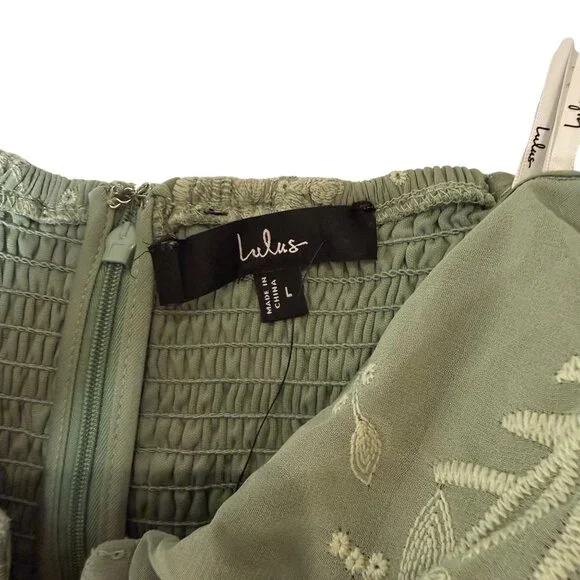 Lulus Cutest Icon Sage Green Embroidered Off-the-Shoulder Mini Dress Size Lg NWT - Picture 3 of 6
